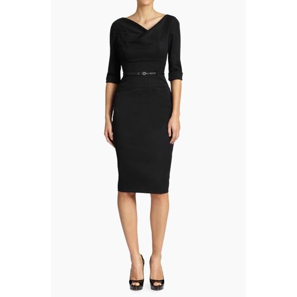 Black Halo 3/4 Sleeve Jackie in Black Stretch Gabardine Belted Sheath Dress 4 - Picture 2 of 15